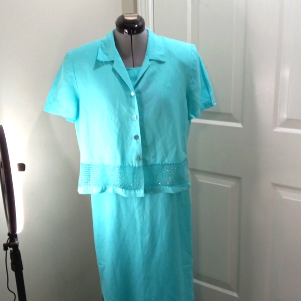 Plaza South, Sz 10, Teal Maxi Shrift w/ Jacket & beaded Mesh 3" Hem
